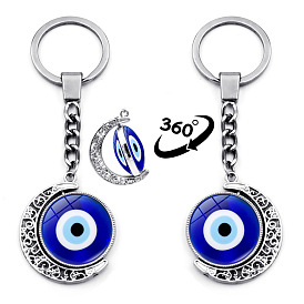 Blue Turkey Evil Eye Keychain Pendant Double Sided Rotating Moon Pendant Metal Key Chain Hanging Ornaments