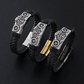 Браслеты из плетеного шнура из искусственной кожи в стиле панк, 304 Браслеты с подвесками в виде мотоциклов из нержавеющей стали для мужчин, с магнитной застежкой
