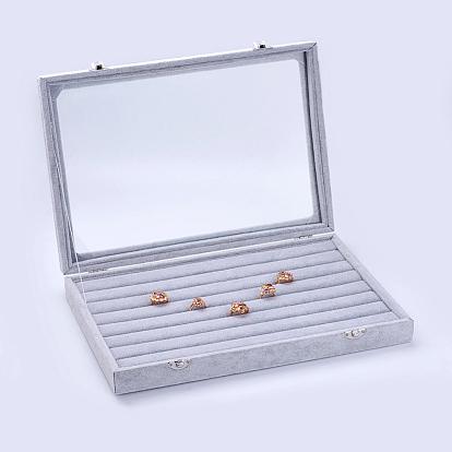 Wood Ring Displays, with Ice Plush inside and Cover with Glass, Rectangle
