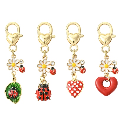 4 шт. 4 стили брелоки из сплава и эмали, Сплав с застежками когтя омара, сердце и божья коровка, золотые