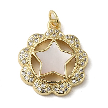 Brass Micro Pave Cubic Zirconia Pendants, Cadmium Free & Lead Free, with Shell, Star