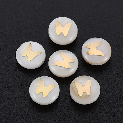 Natural Freshwater Shell Beads, with Golden Plated Brass Metal Embellishments, Flat Round with Butterfly