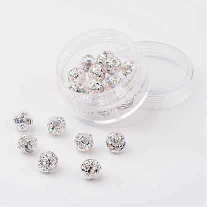 Brass Rhinestone Beads, Grade A, Silver Color Plated, Round