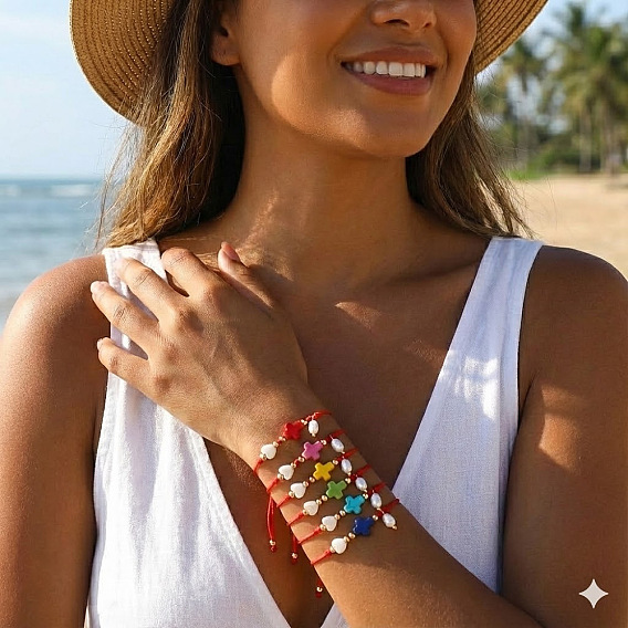 Пластиковые браслеты с подвесками из искусственного жемчуга, Браслеты из натуральных ракушек, синтетической бирюзы и латунных бусин, плетеные из бусин, для женщин., крест и сердце