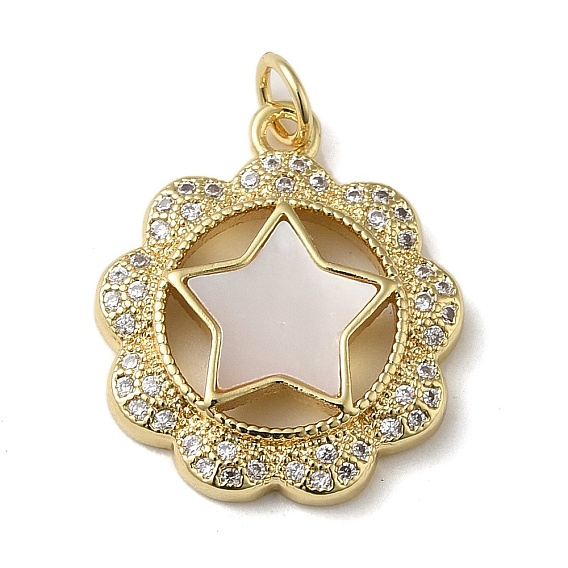 Brass Micro Pave Cubic Zirconia Pendants, Cadmium Free & Lead Free, with Shell, Star