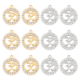Unicraftale 12Pcs 2 Colors 201 Stainless Steel Pendants, with Polymer Clay Crystal Rhinestone, Flat Round with Aum/Ohm