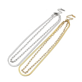 304 Stainless Steel Paperclip & Herringbone Chains Double Layer Necklace for Men Women