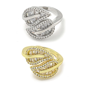 Rack Plating Brass Micro Pave Cubic Zirconia Leaf Open Cuff Rings for Women, Long-Lasting Plated, Cadmium Free & Lead Free