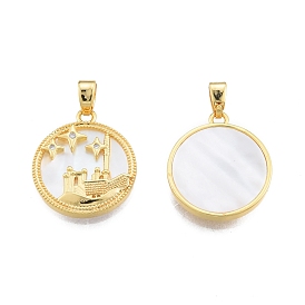 Synthetic White Shell Pendants, with Brass Pave Clear Cubic Zirconia Findings, Flat Round Charm with Star