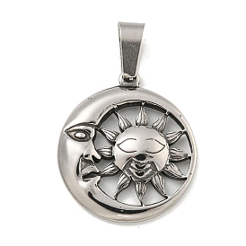 316 Surgical Stainless Steel Pendants, Flat Round with Sun & Moon Charm