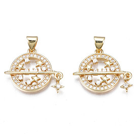 Brass Micro Pave Clear Cubic Zirconia Pendants, Nickel Free, Flat Round with Star