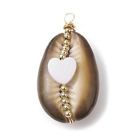 Pendentifs enveloppés de fil de cuivre en coquille de cauri naturelle, charmes de coquillages avec des perles de coquillages d'eau douce naturelles
