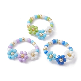 3Pcs 3 Color Glass Seed Beaded Stretch Rings Sets. Flower Stackable Rings
