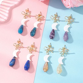 Латунные качают серьги, с бусинами из натуральных драгоценных камней и пресноводных ракушек., бантик с луной и каплей, золотые