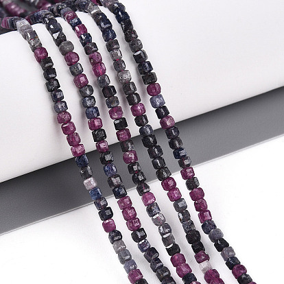 Натуральный красный корунд / рубиновый и сапфировый бисер, граненый стол, вырезанный куб