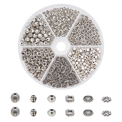 600Pcs 6 Colors Tibetan Style Alloy Spacer Beads, Mixed Shape