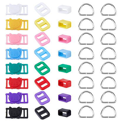 64шт 25 стиль прямоугольной формы пластиковые пряжки застежки, 304 кольца из нержавеющей стали, пластиковая пряжка с петлей для ремня, для кукольной тесьмы, обвязочные мешки, аксессуары для одежды