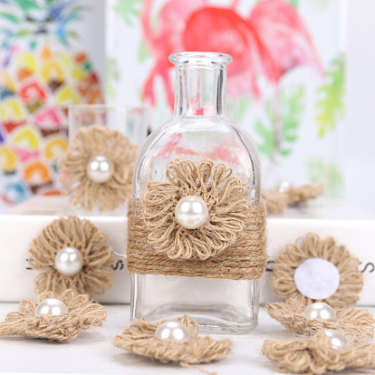Handmade Woven Jute Ornament Accessories, with Imitation Pearl Decor, Flower