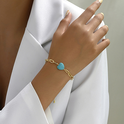 Браслеты-цепочки из латуни для женщин, с синтетическим бирюзовым украшением в виде сердца