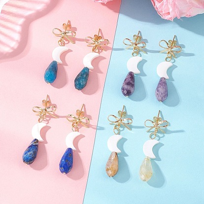 Латунные качают серьги, с бусинами из натуральных драгоценных камней и пресноводных ракушек., бантик с луной и каплей, золотые