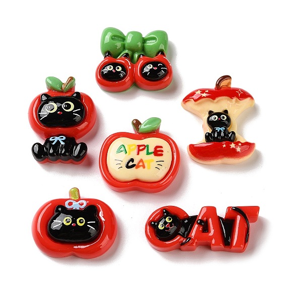 Непрозрачные кабошоны из смолы, кот с яблоком