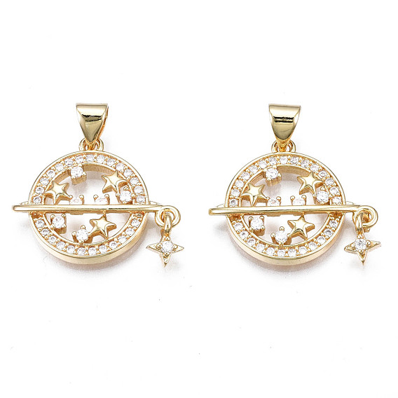 Brass Micro Pave Clear Cubic Zirconia Pendants, Nickel Free, Flat Round with Star