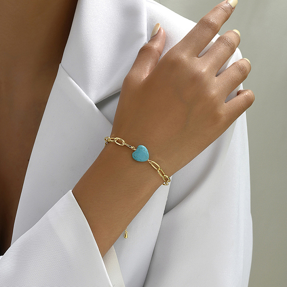 Браслеты-цепочки из латуни для женщин, с синтетическим бирюзовым украшением в виде сердца