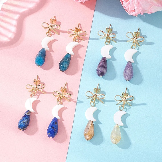 Латунные качают серьги, с бусинами из натуральных драгоценных камней и пресноводных ракушек., бантик с луной и каплей, золотые