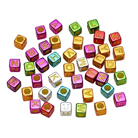 Plating Acrylic Beads, Cube with Initial Letter, Mixed Color