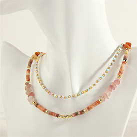 Irregular Colorful Stone and Gold Bead Handmade Necklace - Minimalist Style, Collarbone Chain.