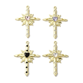 Rack Plating Alloy Pendants, with Rhinestone, Cadmium Free & Nickel Free & Lead Free, Cross with Heart, Mixed Color