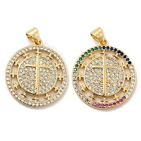 Rack Plating Brass Micro Pave Cubic Zirconia Pendants, Long-Lasting Plated, Lead Free & Cadmium Free, Flat Round with Cross, Real 18K Gold Plated, Religion