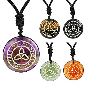 Natural & Synthetic Mixed Gemstone Triquetra/Trinity Knot Pendant Necklaces, Rune Words Odin Norse Viking Amule Necklace with Rope