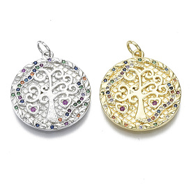 Brass Micro Pave Cubic Zirconia Pendants, Nickel Free, with Jump Rings, Flat Round with Tree of Life, Colorful