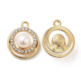 Alloy Pendants, with Crystal Rhinstone and ABS Plastic Imitation Pearl, Flat Round Charm, Lead Free & Cadmium Free