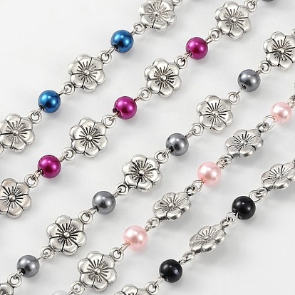 Redondos hechos a mano cadenas perlas de perlas de vidrio para collares pulseras hacer, Con eslabones florales de aleación de estilo tibetano y alfiler de hierro., sin soldar, 39.3 pulgada