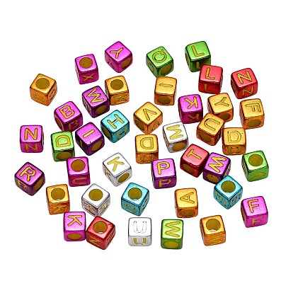 Plating Acrylic Beads, Cube with Initial Letter, Mixed Color