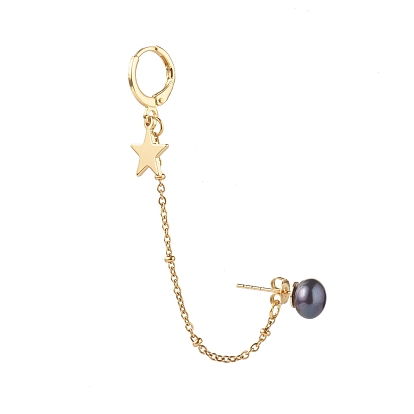 Natural Pearl Brass Crawler Ear Studs Chains, with Hoop Earring and Star Charm