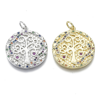 Brass Micro Pave Cubic Zirconia Pendants, Nickel Free, with Jump Rings, Flat Round with Tree of Life, Colorful