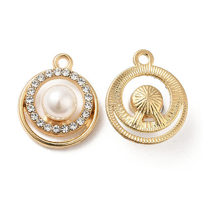 Alloy Pendants, with Crystal Rhinestone and ABS Plastic Imitation Pearl, Flat Round Charm, Lead Free & Cadmium Free