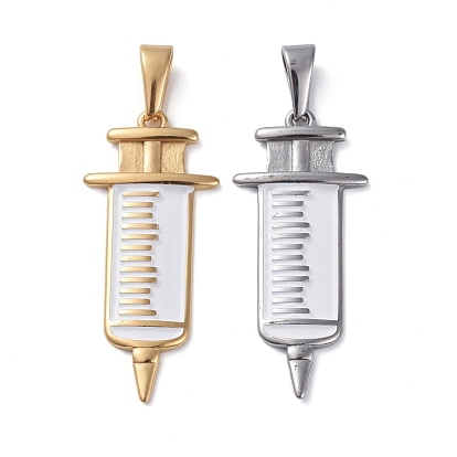304 Stainless Steel Pendants, with Enamel, Injection Syringe Shape, White