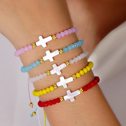 Стеклянные бусины плетеные браслеты из бисера для женщин, крестик, с натуральной оболочкой и бумажной карточкой