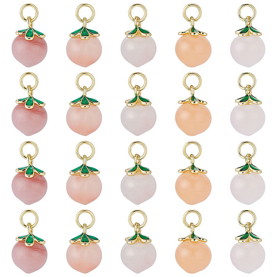 20Pcs Natural Agate Peach Charms, with Golden Tone Brass Findings & Green Enamel, Pale Violet Red