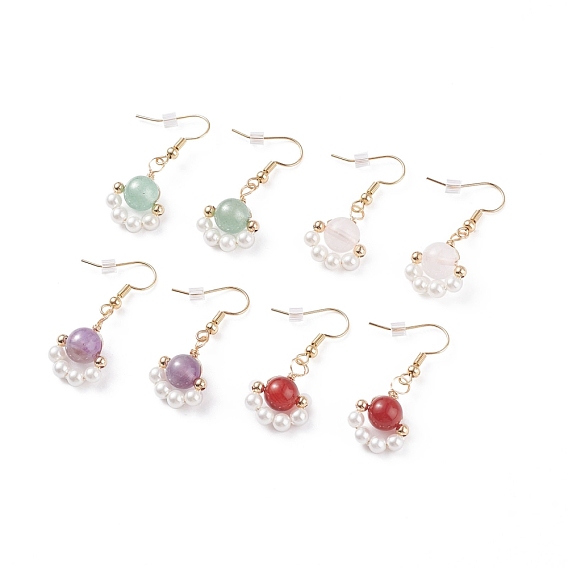 Natural Stone and Shell Pearl Beaded Dangle Earrings, Wire Wrapped Brass Earrings for Women