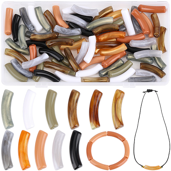 88Pcs 11 Colors Opaque Acrylic Beads, Two Tone Color, with Glitter Powder, Curved Tube