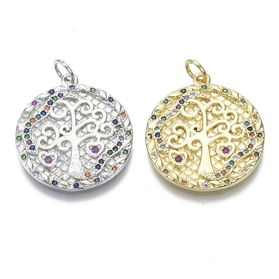 Brass Micro Pave Cubic Zirconia Pendants, Nickel Free, with Jump Rings, Flat Round with Tree of Life, Colorful