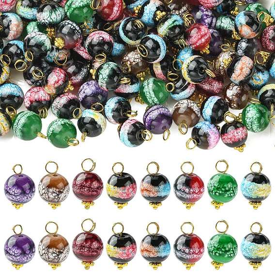 100Pcs Baking Paint Imitation Jade Glass Pendants, Round Charm, with Brass Loop