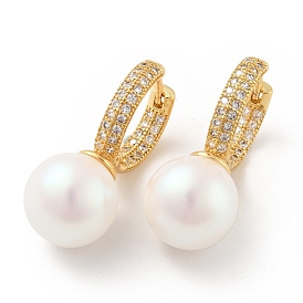 Boucles d'oreilles créoles perlées en acrylique rondes avec zircone cubique transparente, bijoux en laiton pour femmes, sans cadmium et sans nickel et sans plomb