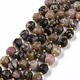 Natural Rhodonite Beads Strands, with Seed Beads, Faceted Bicone Barrel Drum