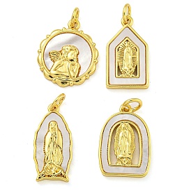 Real 18K Gold Plated Brass Pendants with Shell and Jump Rings, Religion Virgin Mary